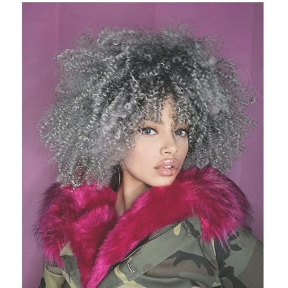 Black Gray Afro Curly Beauty Full Wig main image 6